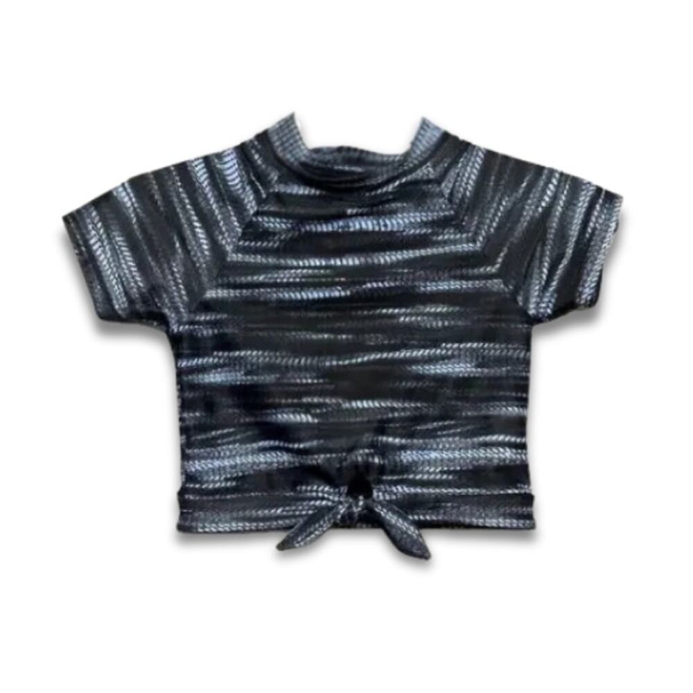Z By Zella Swim Shirt High Neck Tie Front Short Sleeve Black Blue Girls 12 NWOT